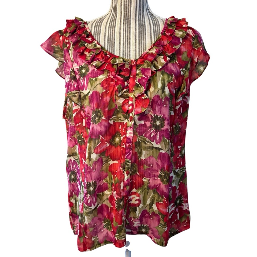 Jones New York Blouse XL Pink Green Floral Sleeveless Ruffles Button-Up Flowy